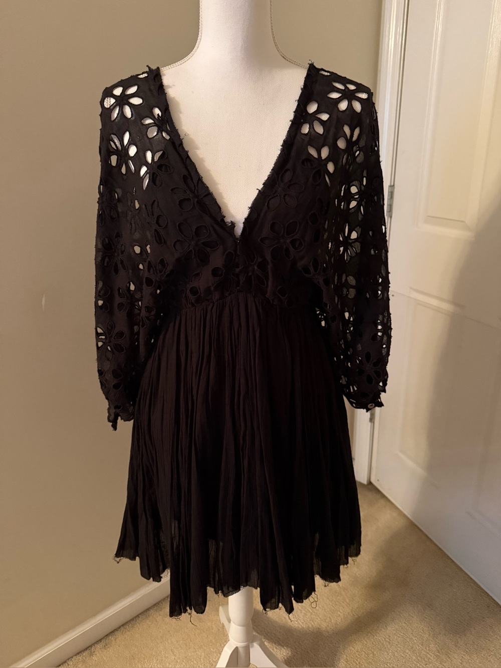 Free People Black Eyelet V-Neck Mini Dress